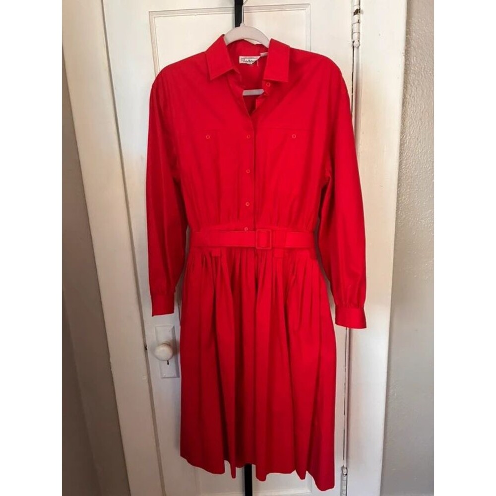 Vintage Talbots Red Long-Sleeve Shirt Dress with Belt (Size 12)